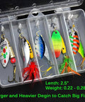 Beefed Up Spinner Baits Set For Freshwater And Saltwater 10 Rooster Tail Lures And Spinning Spoons in tackle box with hooks.
