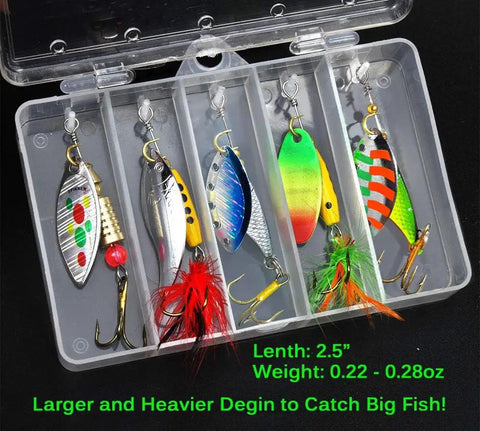 Beefed Up Spinner Baits Set For Freshwater And Saltwater 10 Rooster Tail Lures And Spinning Spoons in tackle box with hooks.