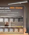 Airlonv LED desk lamp with clamp, black metal, adjustable gooseneck, dimmable 10W USB-powered for reading and study.