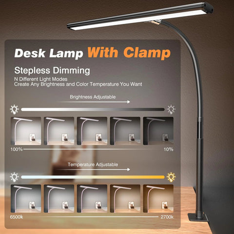 Airlonv LED desk lamp with clamp, black metal, adjustable gooseneck, dimmable 10W USB-powered for reading and study.