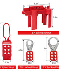 Pro Grade Heavy Duty Lockout Tagout Kit with valve lockout, nylon and lockout hasps shown with dimensions for safe energy isolation