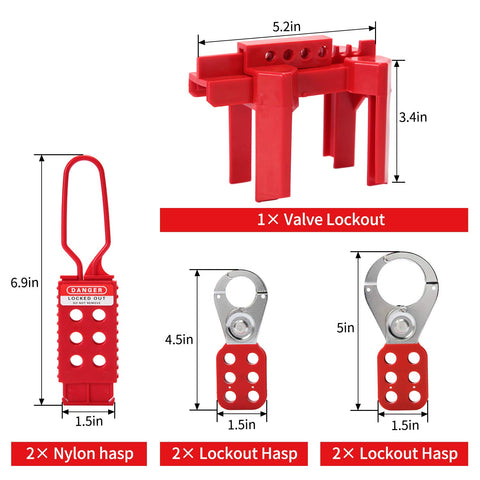 Pro Grade Heavy Duty Lockout Tagout Kit with valve lockout, nylon and lockout hasps shown with dimensions for safe energy isolation