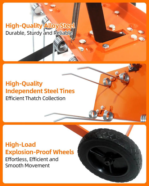 48 Inch Tow Behind Dethatcher For Lawns, Heavy-Duty Rake with bright orange steel frame, rust-proof tines, and rugged wheels.