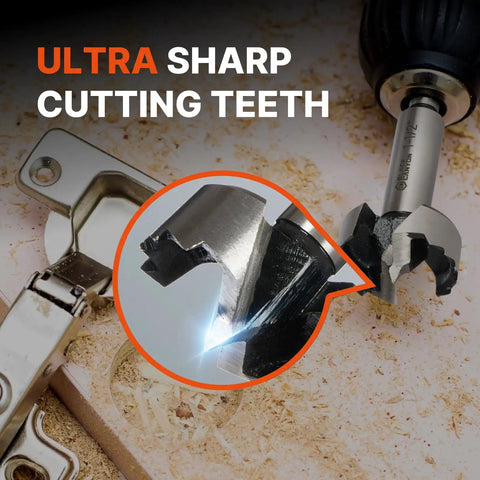Ultra sharp cutting teeth of a Workhorse 14 Piece Forstner Bit Set crafted from high speed steel for precise wood drilling.