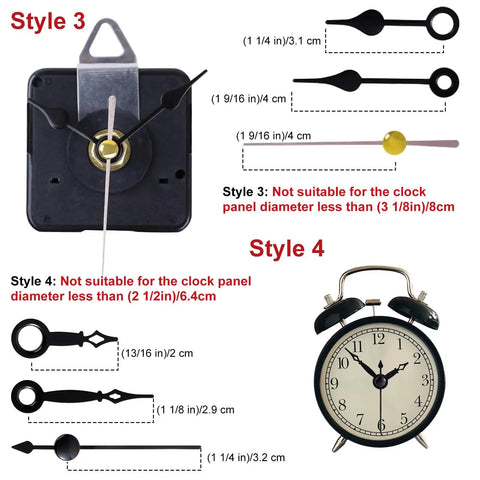 Diagram of Three Piece Silent Clock Mechanism Kit With Eight Short Hands Battery Operated Quartz Movements detailing sizes for Styles 3 and 4.