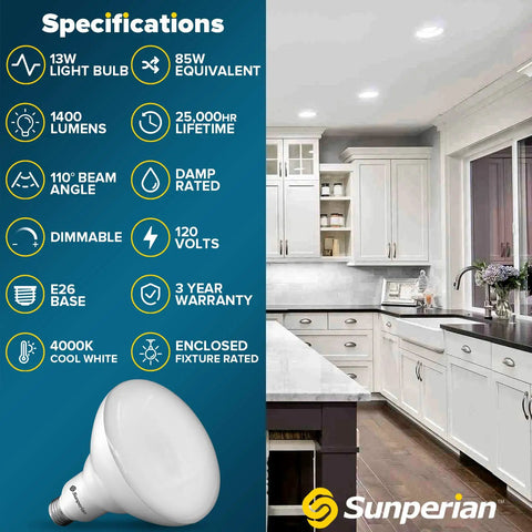 BR40 LED Flood Light Bulbs 13W To 85W Equivalent 3500K Natural White 1400 Lumens Dimmable Recessed Can Bulbs In Kitchen