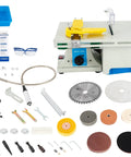 All In One 750W Mini Table Saw And Polisher For Jewelry Making with accessories, showing flex shaft and jade blades.