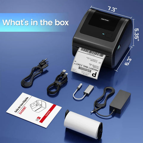 Compact Bluetooth 4x6 Thermal Shipping Label Printer D450BT For Small Business with accessories including cables and manual