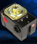 Air Compressor Pressure Switch Control 95 To 125 Psi 240V 26A Single Port Replacement Valve Built To Last Performance And Reliable Cut Out For Industrial Use, shown from top view with metal valve plate and red lever.