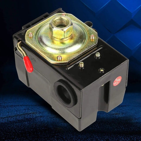 Air Compressor Pressure Switch Control 95 To 125 Psi 240V 26A Single Port Replacement Valve Built To Last Performance And Reliable Cut Out For Industrial Use, shown from top view with metal valve plate and red lever.