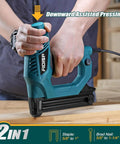 Heavy Duty Electric Brad Nailer And Staple Gun Handles 18 Gauge Fasteners Like A Boss, showing downward assist feature, handling nails and staples.