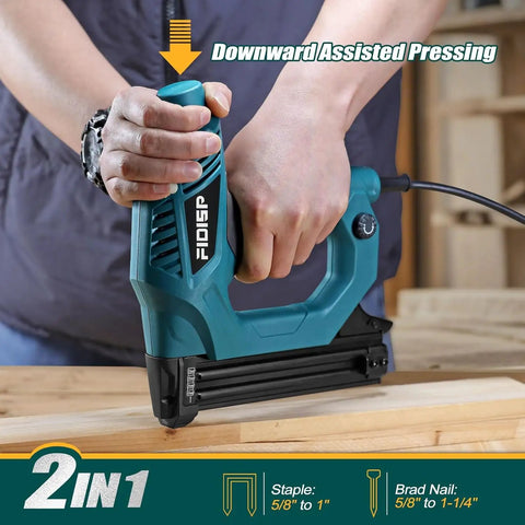 Heavy Duty Electric Brad Nailer And Staple Gun Handles 18 Gauge Fasteners Like A Boss, showing downward assist feature, handling nails and staples.