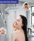 Woman enjoying Rainfall Dual Shower Head Combo with 8-Inch Rain Head and 5-Function Handheld Spray, chrome finish