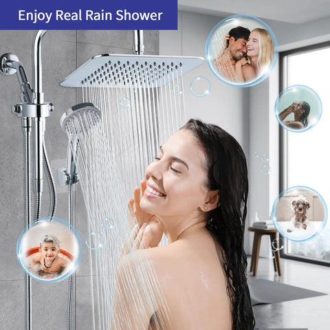 Woman enjoying Rainfall Dual Shower Head Combo with 8-Inch Rain Head and 5-Function Handheld Spray, chrome finish