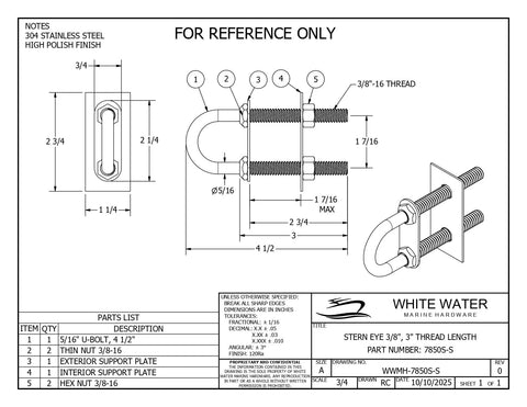 Technical drawing of Heavy-Duty Marine Bow And Stern Eye Set With Nuts Made From 304 Stainless Steel, 3/8 Inch Diameter, 3 Inch Thread.