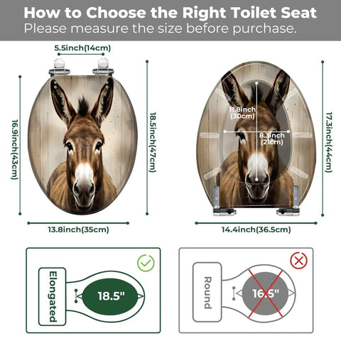 Elongated Toilet Seat Replacement, Resin Donkey Pattern for Bathroom dimensions for proper fitting and installation guide.