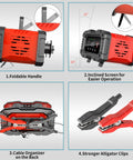 Beefy All In One 7 Stage Car Battery Maintainer and Trickle Charger with details on handle, screen, clips, and cable organizer