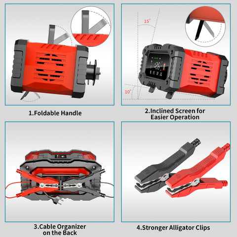 Beefy All In One 7 Stage Car Battery Maintainer and Trickle Charger with details on handle, screen, clips, and cable organizer