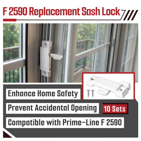 F 2590 replacement sash lock installed on window with screws shown, part of 10 Pack F 2590 Replacement Sash Locks With 20 Self Tapping Screws