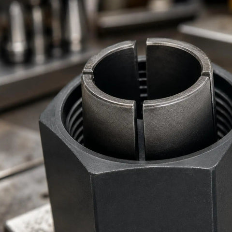 Close-up of a Badass Socket Wrench Assembly Collet Set With Matched Hex Nut Pairs, slotted steel design for secure grip.