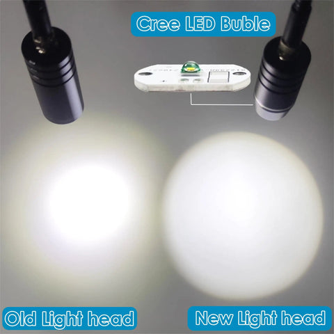 Dual Gooseneck 6W 6500K Spotlight For Microscope With 64 LED Ring Illuminator, adjustable heads showing old and new light beams