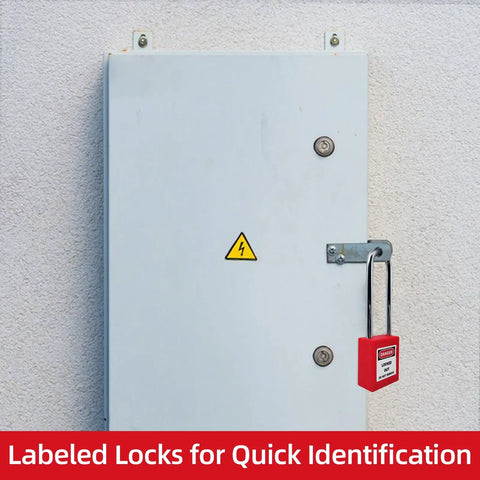 Red Lockout Tagout Padlock Set, 5 Piece Safety Locks Keyed Differently, OSHA Compliant Electrical Lockout Kit with 2 Keys Each installed on electrical panel