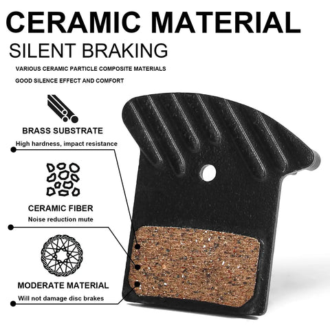 BL-03S Ceramic Mountain Bike Disc Brake Pads showcasing brass and ceramic materials with silent braking features.