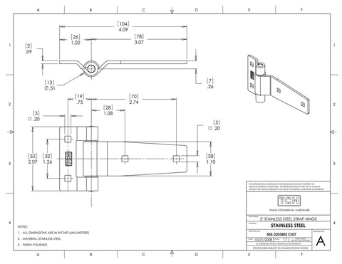Engineering diagram of 3 inch stainless steel strap hinge heavy duty 270 degree rotating for garage door gate shed trailer and truck two pack.