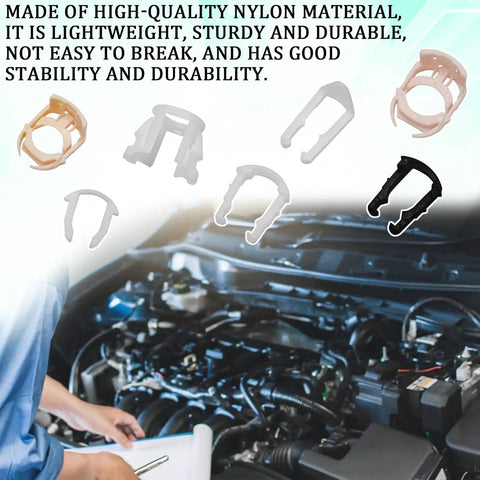 70 Piece Fuel Line Clips Kit With 7 Size Variations For 3/8 And 5/16 Inch Lines, Injector Connectors And Hose Retainers in use on engine