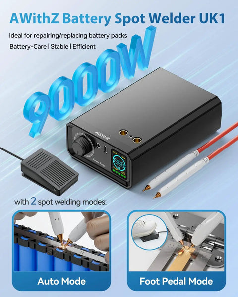 9000W Battery Spot Welder With Dual Pulse Output shown with foot pedal and welding pens, featuring auto and foot pedal modes.