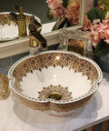 USZWBY Bathroom Sink, Countertop Basin Ceramic Sink with intricate gold floral design and single faucet hole.