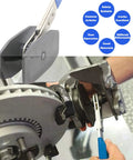 Garage Ready Brake Piston Caliper Press Tool Featuring Heavy Duty Ratchet Wrench and Expanding Spreader Adapters arrives with comfort grip gloves shown in use.