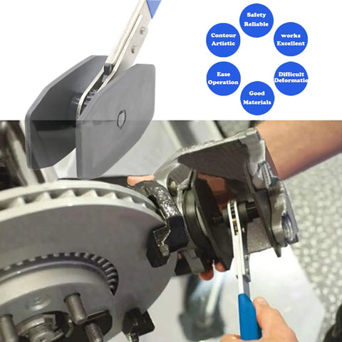 Garage Ready Brake Piston Caliper Press Tool Featuring Heavy Duty Ratchet Wrench and Expanding Spreader Adapters arrives with comfort grip gloves shown in use.