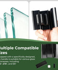 Smooth Glide RV Tri Slide Shower Door Handle Kit And Frameless Glass Replacement Hardware showcasing multiple compatible glass sizes.