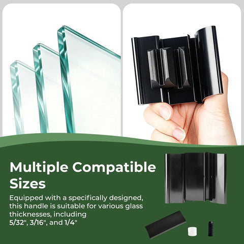 Smooth Glide RV Tri Slide Shower Door Handle Kit And Frameless Glass Replacement Hardware showcasing multiple compatible glass sizes.