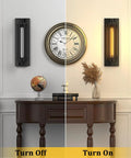 Industrial Black Wall Sconces Set of 2, Vintage Style Bar Lights With E26 E27 Base, UL Listed, shown turned on and off on wall
