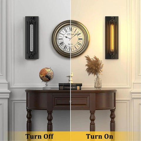 Industrial Black Wall Sconces Set of 2, Vintage Style Bar Lights With E26 E27 Base, UL Listed, shown turned on and off on wall