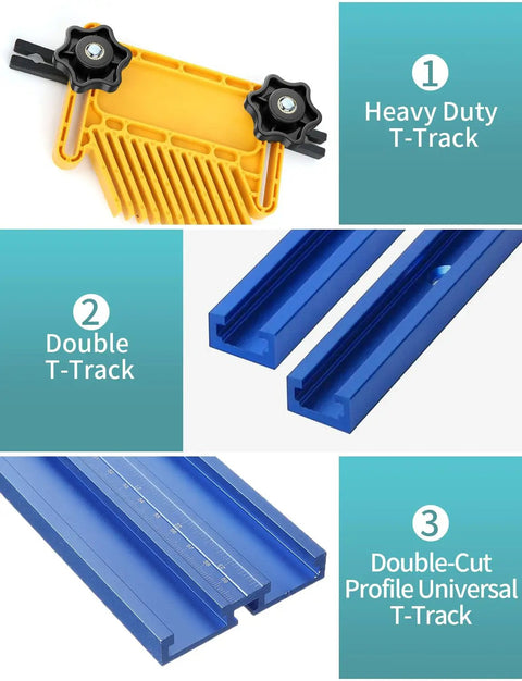 Pro Grade 12 Sets 1/4-20 T Track Bolts And Knobs Kit with yellow and blue T-track components for woodworking fixtures