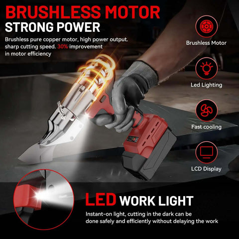 Pro Grade Cordless Metal Shears With 18V Power, 360 Degree Rotating Head cutting metal, highlighting brushless motor and LED light