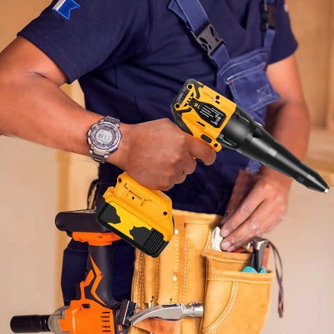 Tronyan Cordless Rivet Gun With Brushless Motor Pulls 2000 Lbs Force For 1/8 5 32 3 16 Inch Rivets Compatible With Dewalt 20v Max Battery Bare Tool held in hand with a battery pack.