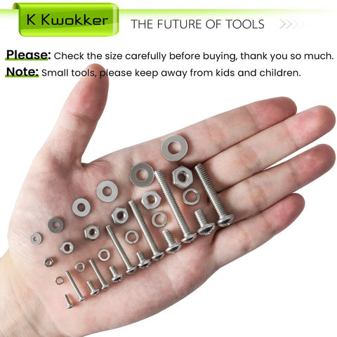 Hella Durable 1059 Piece Stainless Steel Screw And Nut Assortment Kit With Phillips Pan Head Machine Fasteners Flat And Lock Washers 304 Grade Hardware Tray displayed in a hand.