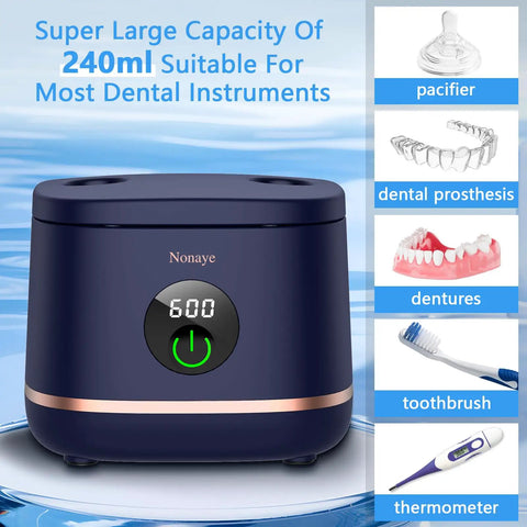 Keep Your Dental Gear Squeaky Clean With This Heavy Duty Ultrasonic Cleaning Machine For Braces Dentures Jewelry Toothbrush Heads And Baby Essentials Daily, navy ultrasonic cleaner with digital display, 240ml capacity.