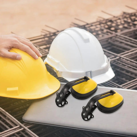 Hard Hat Mounted Hearing Protection Earmuffs For Job Site Grinds And Industrial Shifts With Thick Sound Blocking Cushions Yellow safety gear with yellow hard hats