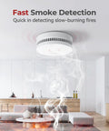 Four Pack Photoelectric Smoke Detectors With Replaceable Battery And Test Silence Button For Your Home Safety Easy Install Fast 360 Degree Coverage And Eighty Five Decibel Alarm For Quick Fire Alerts wall-mounted smoke detector in a living room