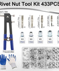 Rivet Nut Tool Kit Pro Grade with 433 pcs, five sizes M3-M8, installer, gloves, and case for furniture and decoration projects.