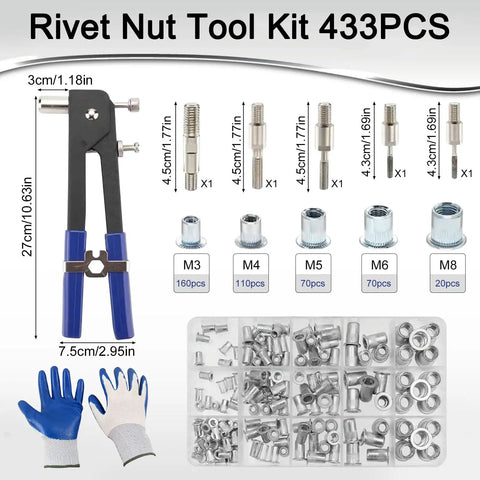 Rivet Nut Tool Kit Pro Grade with 433 pcs, five sizes M3-M8, installer, gloves, and case for furniture and decoration projects.
