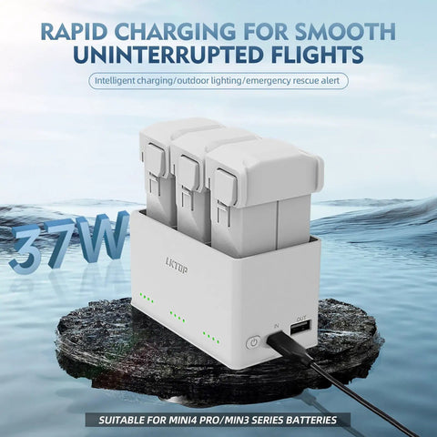 Two Way Charging Hub For DJI Mini 3 And Mini 4 Pro Drones Fast 37W Power Charges Three Batteries At Once Safe Temperature Controlled