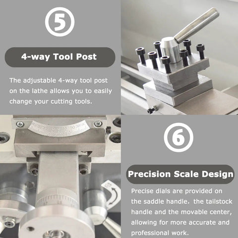 4-way tool post and precision scale design on Hardcore Mini Metal Lathe 7x12 Inch Benchtop Workhorse for accuracy.