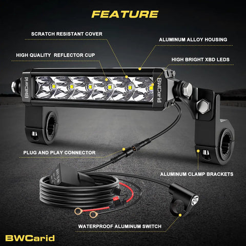 Dirt Bike LED Light Bar Kit Plug And Play Headlight With Waterproof Wiring Harness And Switch; aluminum alloy housing, XBD LEDs.