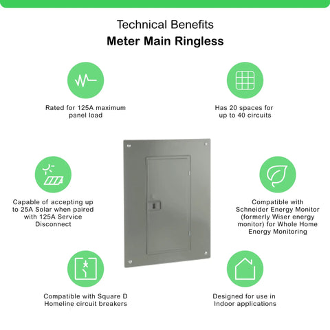 Diagram of 100 Amp Indoor Main Breaker Load Center showing technical benefits and compatible features for residential use